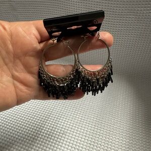 Long Fringed Silver Hoop Black Beaded Earrings 2-1/2” Drop BOHO Gypsy Hippie